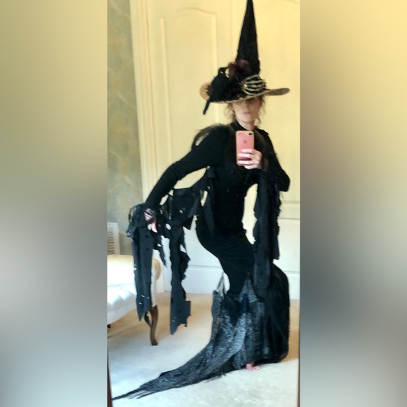 1 of Pumpkin patch witch hat Orange sparkles top & under brim black leaves 18"h - Picture 6 of 16